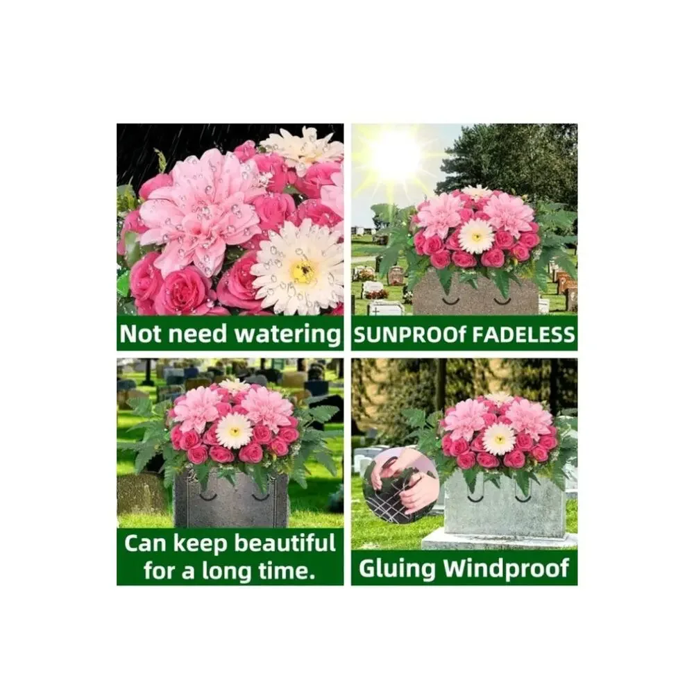Lodou Artificial Cemetery Flower Saddles for Graves,Outdoor Dark Pink Rose
